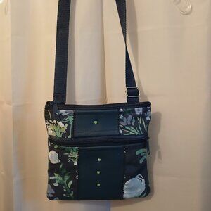 New Travel Sling Shoulder bag Blue Sage Floral Leaves Canvas Dual Zip Purse Chic